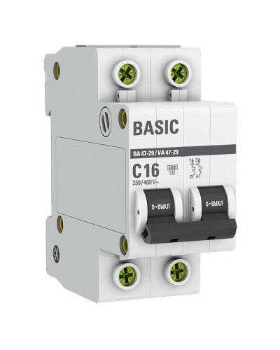 Автоматический выключатель 2P 16А (C) 4,5кА ВА 47-29 Basic (mcb4729-2-16C). Автоматический выключатель. EKF в Пушкино