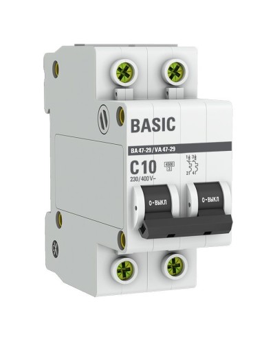 Автоматический выключатель 2P 10А (C) 4,5кА ВА 47-29 Basic (mcb4729-2-10C). Автоматический выключатель. EKF в Пушкино