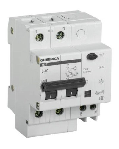 GENERICA АД12 2Р 40А 30мА (MAD15-2-040-C-030). Автоматический выключатель дифференциального тока. IEK в Пушкино