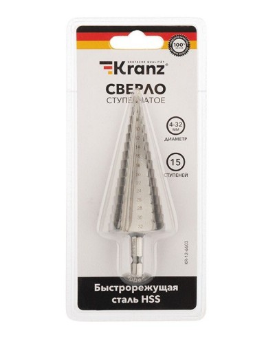 Сверло по металлу ступенчатое 4,0-32,0 мм 102 mm 62 HRC Kranz (KR-12-6603): Сверло по металлу шлифованное в Пушкино